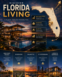 Florida Neighborhoods 2026 map highlighting New Port Richey, Riverview, Palmetto, St. Petersburg, Largo and Seminole communities